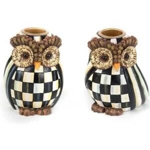 MACKENZIE CHILDS Courtly Check & Stripe Owl Candlesticks Set. NIB. Adorable!